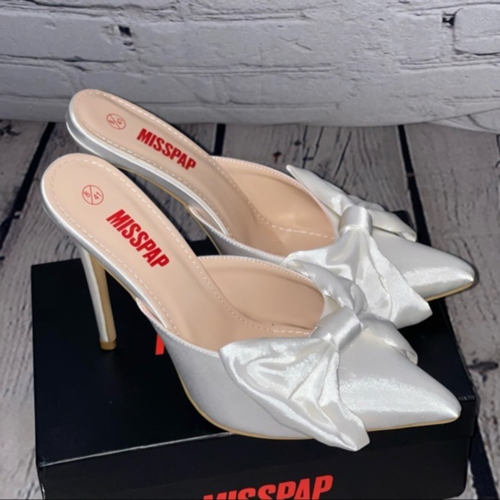 white satin bow front mule heels